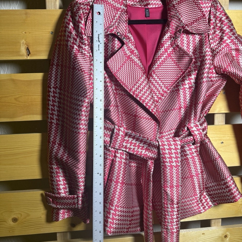 White House Black Market Trench Jacket Coat Womens Medium Pink Plaid Classy - Picture 7 of 9